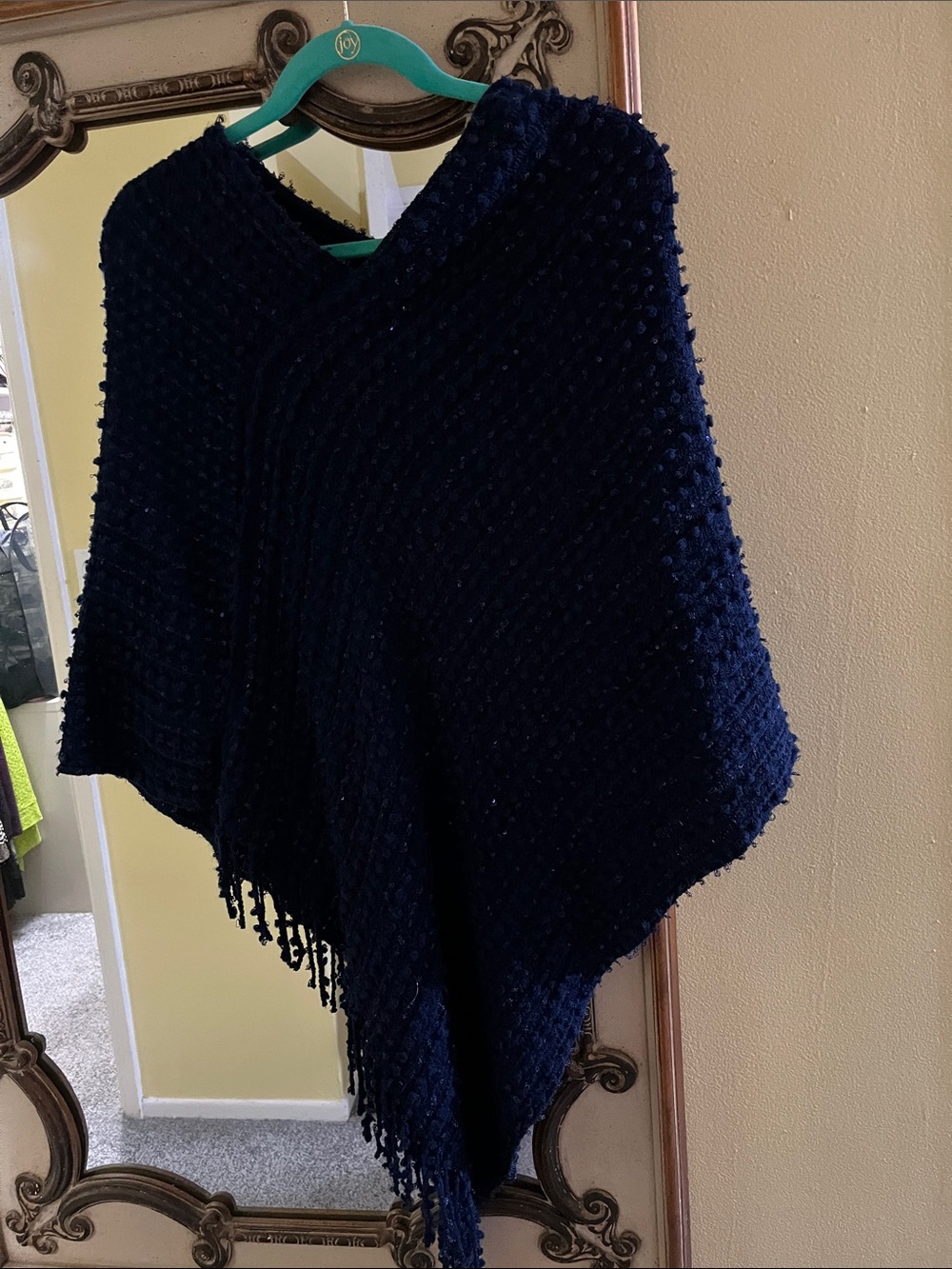 Navy Textured Knit Fringe Poncho
